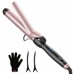 Curling Iron 1 1/4-inch Instant Heat with Extra-Smooth Tourmaline Ceramic Coating, 6 Temperature Settings and Dual Voltage, Glove Included (Color: Rose Gold)