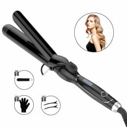 Curling Iron 1 1/4-inch Instant Heat with Extra-Smooth Tourmaline Ceramic Coating, 6 Temperature Settings and Dual Voltage, Glove Included (Color: Black)